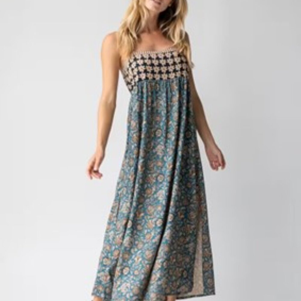 Boho Printed Maxi Dress in Teal Floral